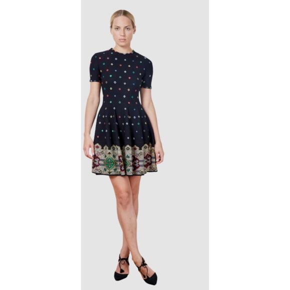 Alexander McQueen Silk Knit Intarsia Fit Flare Short Sleeve Sweater Dress S - Picture 3 of 17